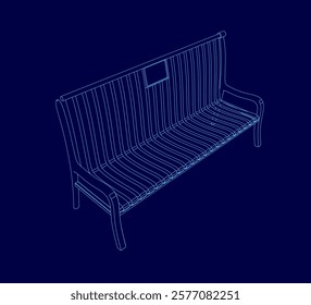 Blue image of a bench with a sticker on the back. The bench is shown in a blue drawing