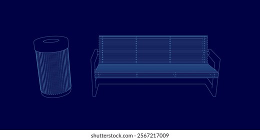 Blue image of a bench and trash can. The bench is shown in a blue and white color scheme, and the trash can is shown in a blue color scheme