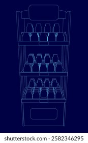 A blue image of a beverage cooler with a blue background. The cooler is filled with bottles of soda and beer