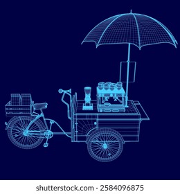 A blue image of a bicycle with a cart attached to it. The cart has a coffee maker and a few cups. There is an umbrella above the cart