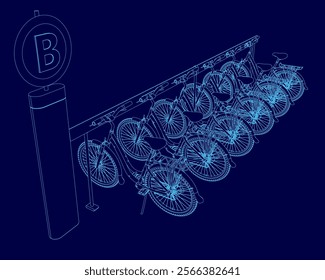 Blue image of a bike rack with a B sign above it. The bikes are parked in rows, with some of them being closer to the camera and others further away. Concept of organization and order