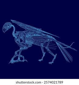 Blue image of a bird skeleton. The skeleton is shown in a very detailed and intricate way, with each bone and feather clearly visible. Concept of awe and wonder at the complexity