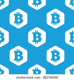 Blue image of bitcoin symbol in white hexagon, repeated on blue