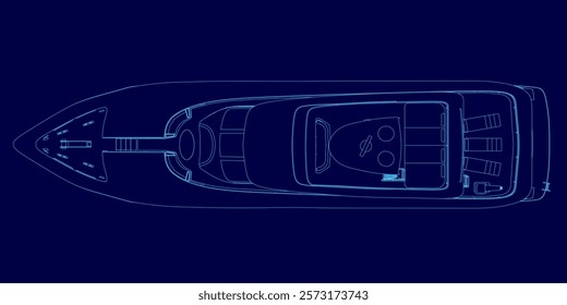 Blue image of a boat with a blue background. The boat is shown in a stylized way, with the details of the boat's design and features emphasized. Scene is one of excitement and adventure