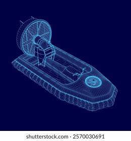 Blue image of a boat with a fan on top. The fan is on the side of the boat and is surrounded by a blue background