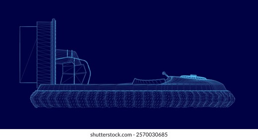 Blue image of a boat with a propeller and a fan. The boat is shown in a very detailed and pixelated way