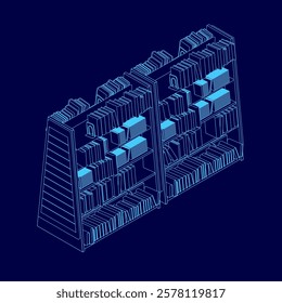 Blue image of a bookcase with many books on it. The books are arranged in rows and the shelves are tall. Concept of organization and order, as well as a love of reading