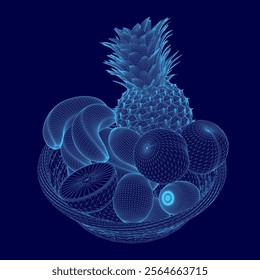 Blue image of a bowl of fruit, including a pineapple. The fruit is stylized and he is in a 3D format. The bowl is filled with a variety of fruits, including apples, oranges, and bananas