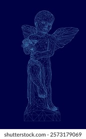 Blue image of a boy with wings. The angel is standing on a blue background