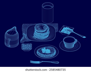 A blue image of a breakfast table with a cup, a bowl, a plate, a fork, a knife, and a spoon