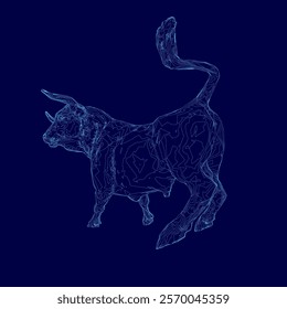 Blue image of a bull with a blue horn. The bull is running and has a tail