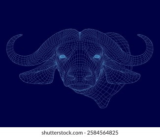 A blue image of a bull's head with a blue background. The bull's head is shown in a 3D format, giving it a futuristic appearance. Concept of modernity and technology