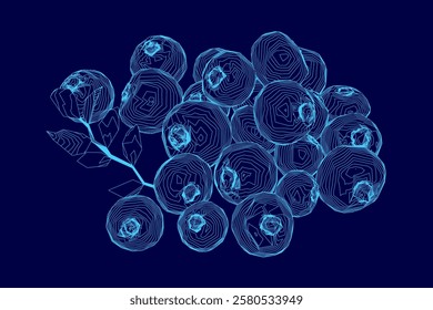 Blue image of a bunch of blueberries. The image is a computer-generated drawing of a bunch of blueberries