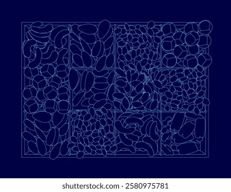 A blue image of a bunch of nuts different shapes and sizes. The nuts are all different and appear to be scattered around the image