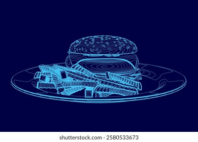 Blue image of a burger and fries on a plate. The burger is on the right side of the plate and the fries are on the left side. The burger is cut in half