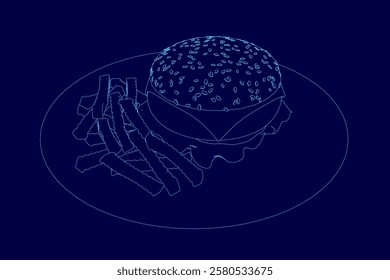 Blue image of a burger and fries. The burger is on a plate with a side of fries. The burger is cut in half and the fries are scattered around it. The image has a casual and relaxed mood