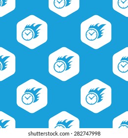 Blue image of burning clock in white hexagon, repeated on blue
