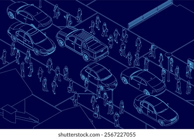 Blue image of a busy street with cars and pedestrians. The image is a drawing of a city street with cars and people. Scene is busy and bustling, with many people walking