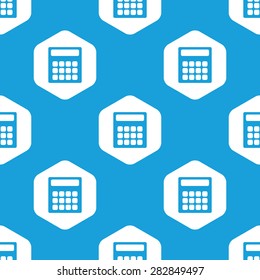 Blue image of calculator in white hexagon, repeated on blue