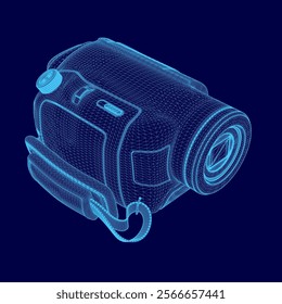 Blue image of a camera with a blue background. The camera is shown in a 3D, with a blue color scheme. The camera is designed to be a high-quality