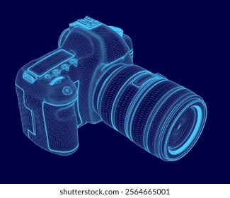 Blue image of a camera with a blue lens. The camera is shown in a pixelated style, giving it a futuristic and artistic look. Concept of technology and innovation