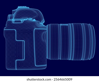 Blue image of a camera lens. The lens is shown in a 3D format, with a focus on the details of the lens. Concept of depth and realism