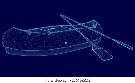 Blue image of a canoe with a paddle on top of it. The image is a digital of a canoe and paddle