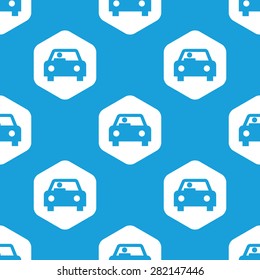 Blue image of car with driver in white hexagon, repeated on blue