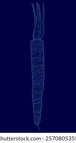 Blue image of a carrot with a blue background. The carrot is shown in a very detailed and pixelated way, giving it a futuristic appearance