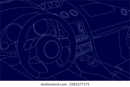 A blue image of a car's interior with a steering wheel. The image is a computer-generated rendering of a car's interior