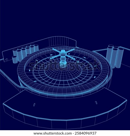 A blue image of a casino floor with a large wheel in the center. The wheel is surrounded by a number of slot machines and a large fountain. Scene is one of excitement and anticipation