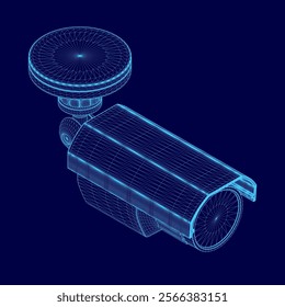 Blue image of a CCTV camera with a blue lens. The camera is a security camera and is placed on a blue background