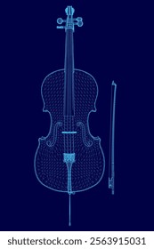 Blue image of a cello with a blue background. The cello is shown in a 3D format, with a blue color scheme. Concept of depth and realism