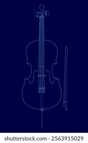 Blue image of a cello with a blue outline. The cello is shown in a stylized way, with the strings and the neck of the instrument visible. Concept of elegance and sophistication