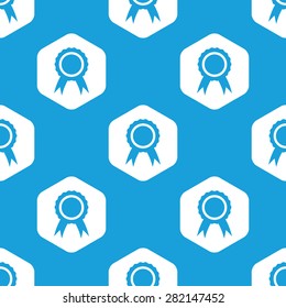 Blue image of certificate seal in white hexagon, repeated on blue