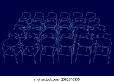 A blue image of chairs in rows. The chairs are all the same color and are arranged in a grid pattern. The chairs are all facing the same direction, and there are no visible gaps between them