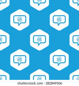 Blue image of chat bubble with at-sign in white hexagon, repeated on blue
