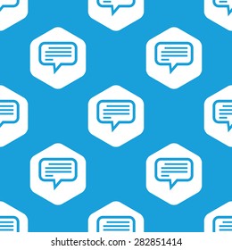 Blue image of chat bubble with text in white hexagon, repeated on blue