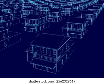 Blue image of a cityscape with many buildings. The buildings are all different sizes and shapes, and they are all lined up in a row. The image has a futuristic feel to it