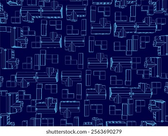 Blue image of a cityscape with many buildings and a lot of detail. many buildings and a lot of detail