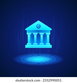 Blue image of a classical building with columns and the letter "C" on the pediment, symbolizing business analysis in a digital context. The background is dark blue with digital elements.