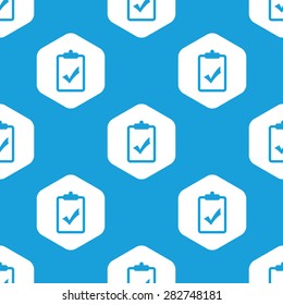 Blue image of clipboard with tick mark in white hexagon, repeated on blue