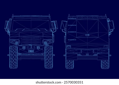 The blue image is a close up of a vehicle. The vehicle is a military vehicle with a large engine and a large front wheel