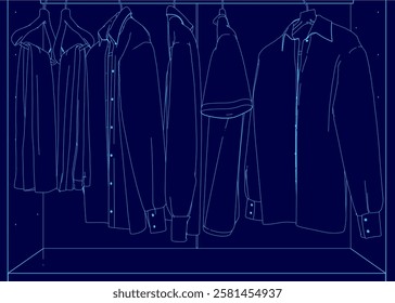 A blue image of a closet with clothes hanging on hangers. The clothes are all different colors and styles, and the closet is empty