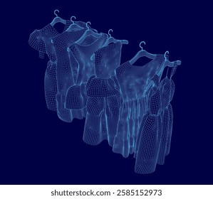 A blue image of clothes hanging on a rack. The clothes are all different colors and styles, and they are all hanging on the rack in a row. The image has a sense of order and organization