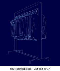 Blue image of a clothes rack with clothes hanging on it. The clothes are all different colors and styles, and the rack is tall and narrow. Concept of organization and order