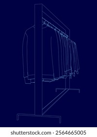 Blue image of a clothes rack with clothes hanging on it. Concept of organization and order