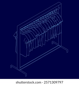 Blue image of a clothes rack with clothes hanging on it. The clothes are all different colors and styles, and the rack is tall and narrow. Concept of organization and order