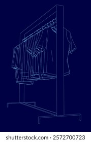 Blue image of a clothes rack with clothes hanging on it. The clothes are all different colors and styles, and the rack is tall and narrow. Concept of organization and order