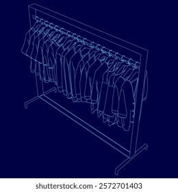 Blue image of a clothes rack with clothes hanging on it. The clothes are all different colors and styles, and the rack is tall and narrow. Concept of organization and order